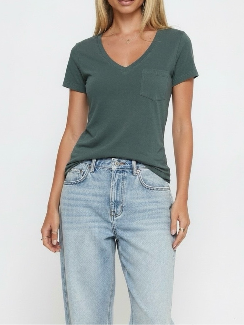 V-Neck Short Sleeve Pocket Tee in dusty Green 100% cotton